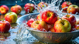 A cascade of crisp apples plunging into a basin of water, eliciting playful splashes 