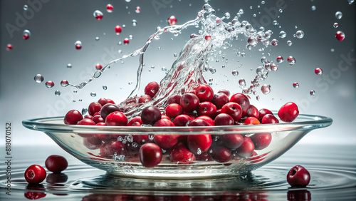 A handful of cranberries falling into a shallow dish of water, creating a captivating splash photo