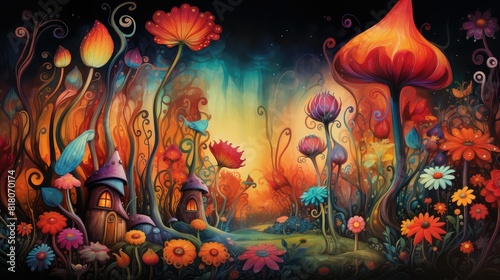 Surreal watercolor artwork featuring a fantasy garden filled with whimsical flowers in vibrant rainbow colors © Rantau