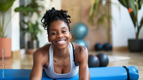 happy black african american woman doing pilates at home gym active lifestyle portrait