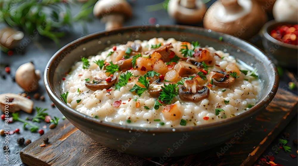 rice with vegetables and meat, Delicious Homemade Risotto Perfect for Fine Dining, Rustic Bowl of Mushroom Risotto Garnished with Parsley, Hearty Mushroom and Cheese Risotto, generative ai