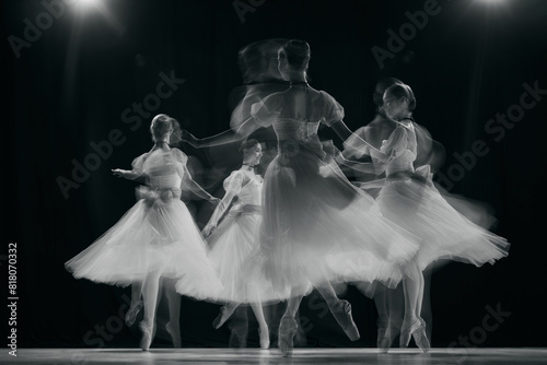 Canvas Print Graceful movements of four young dancers captured in ghostly blur, showcasing fluidity and beauty of ballet