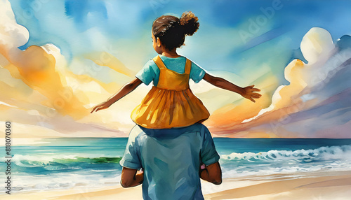 Joyful happy the child sits on the shoulders of his father together on the beach, Generative AI.