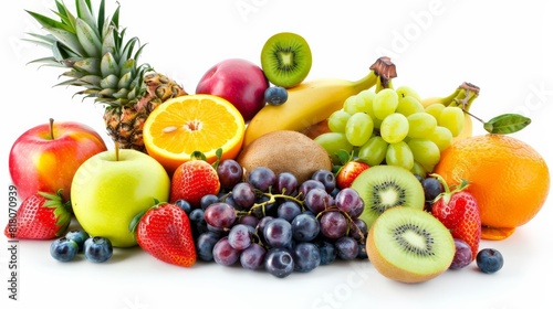 A variety of fruits including apples, oranges, bananas, grapes, pineapple, kiwi, strawberries, and blueberries.