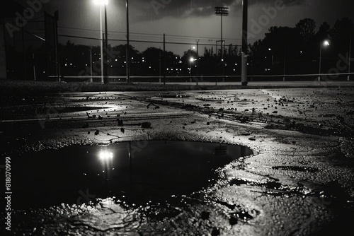 Reflective Night at an Empty Baseball Field with Rain Puddles photo