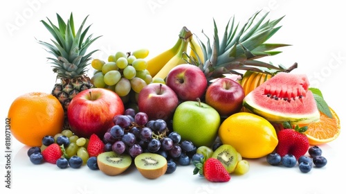 A variety of fruits including apples  bananas  grapes  pineapple  watermelon  kiwi  strawberries  blueberries  and oranges.