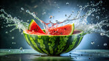 Half a ripe watermelon being dropped into a basin of water, causing a colorful explosion of splashes 