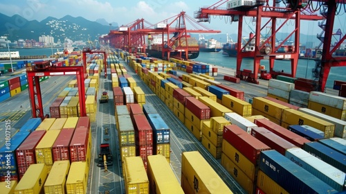 Showcase a bustling port scene with rows of cargo containers being efficiently loaded onto ships, emphasizing the seamless flow of goods and the utilization of standardized containers