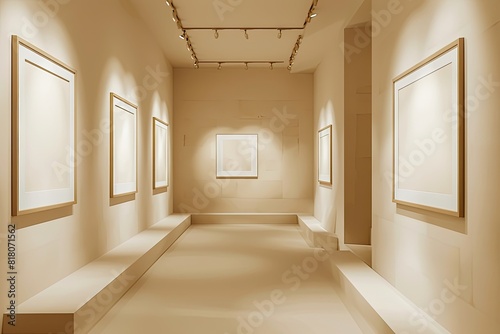 Amidst the tranquility of a minimalist gallery  empty frames are arranged on cream-colored walls  each frame serving as a portal to endless possibilities.