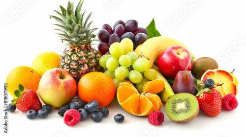 A variety of fruits are arranged together on a white background.
