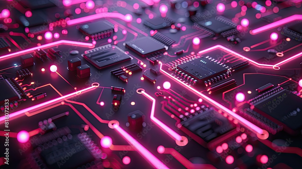 Fototapeta premium Tech board with neon lines and nodes