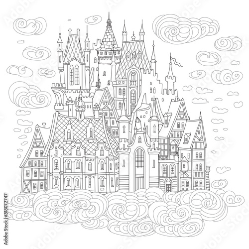 Fairy tale castle in the air. Coloring book page Hand drawn black and white sketch of medieval houses on the clouds photo