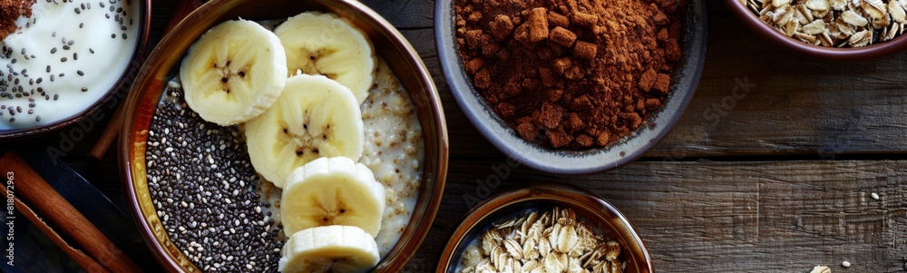 Many bowls of different foods that include bananas, oats, granola and cinnamon. Morning porridge, food background. Banner Many bowls of different foods that include bananas, oats, granola and cinnamon. Morning porridge, food background. Banner
