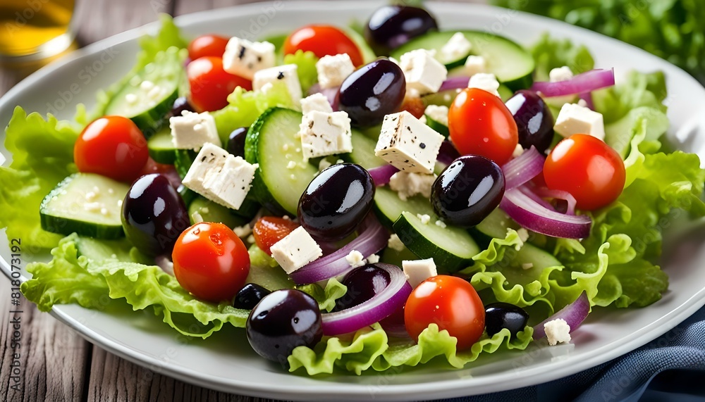 Fresh Greek salad with cucumber, cherry tomato, lettuce, red onion, feta cheese and black olives. Healthy food
