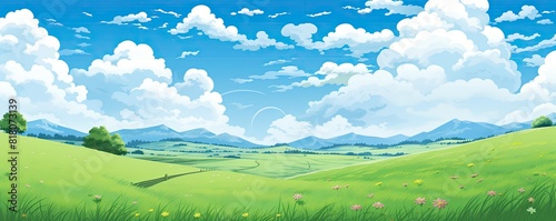 A beautiful  serene landscape with a large field of grass and a few trees