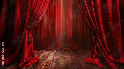 Scarlet red velvet theater curtains opening to reveal a stage, dramatic and theatrical. photo