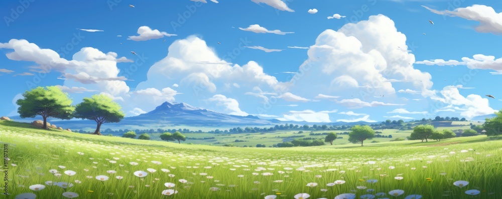 Fototapeta premium A beautiful, serene landscape with a large field of grass and a few trees
