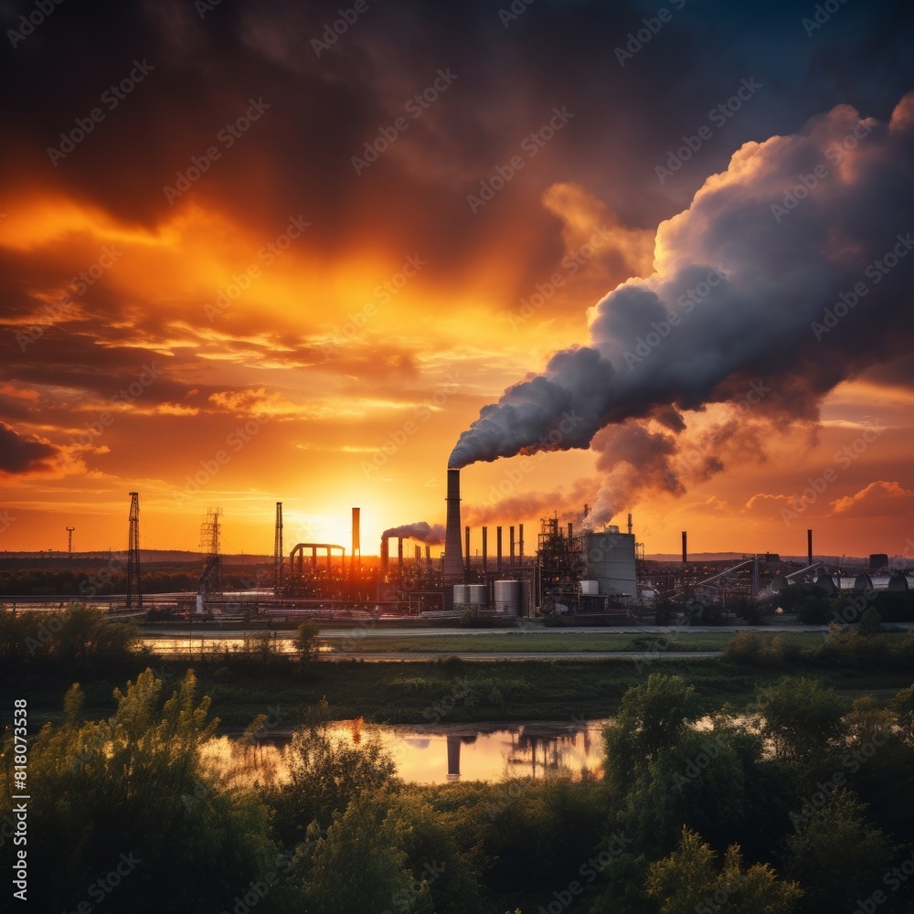 Industrial plant with smokestacks releasing smoke into the air at sunset, with a scenic view of trees and a river in the foreground. Industrial plant with smokestacks releasing smoke into the air at sunset, with a scenic view of trees and a river in the foreground.