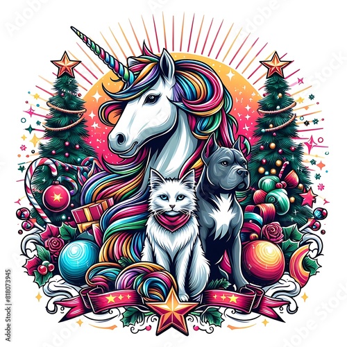 A unicorn and cat with christmas decorations realistic lively realistic art harmony.