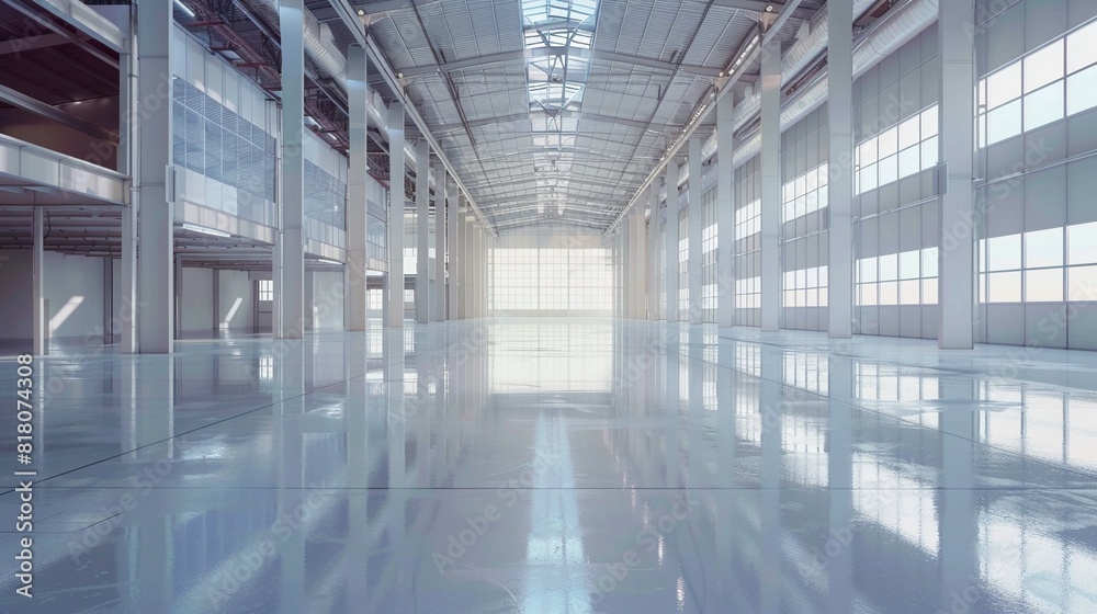 Modern warehouse featuring a large spotless area with a shiny reflective floor creating a bright and airy atmosphere Modern warehouse featuring a large spotless area with a shiny reflective floor creating a bright and airy atmosphere