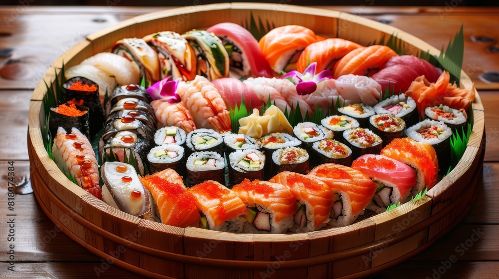 A beautifully prepared sushi platter on a wooden tabletop A beautifully prepared sushi platter on a wooden tabletop