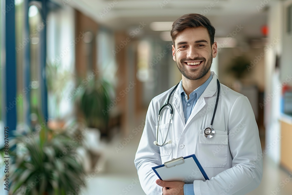 smiling doctor standing and holding a clipboard smiling doctor standing and holding a clipboard