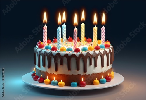 elegent realistic birthday cake with candles isolated on transparent background