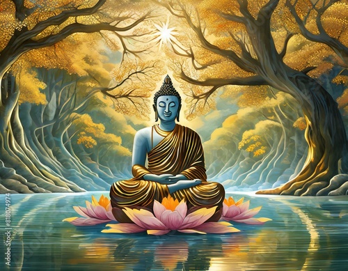 Medicine Buddha IA in lotus position. photo