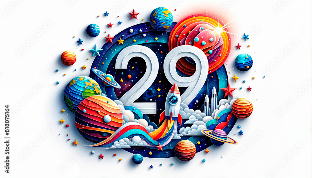 Obraz premium Number “29” in a colorful space-themed design with planets, stars, and a rocket. Ideal for space-related events, 29th birthdays, and educational purposes. Suitable for commercial advertising, marketin
