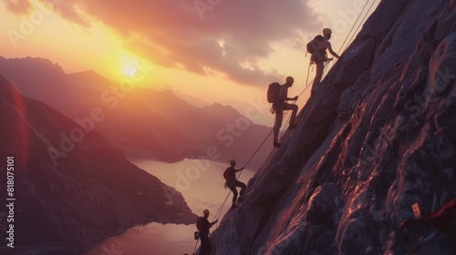 group of people with helmet and harness climbing a mountain on a cloudy dawn in high resolution and quality