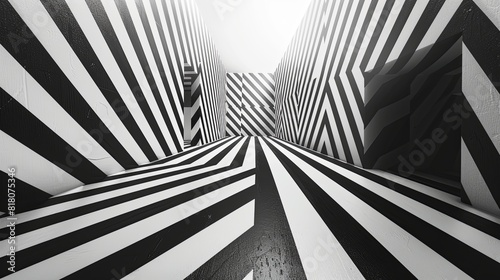 Minimalist black and white lines creating optical illusions, clean and striking geometric design