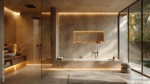 Minimalist bathroom with clean lines  a walk-in shower  and neutral colors  simple and sophisticated
