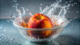 A juicy peach plunging into a basin of water, creating a delightful splash 