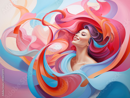 illustration of a happy woman laughing sourrounded by abstract flowing patterns resembling hair, air, wind 
