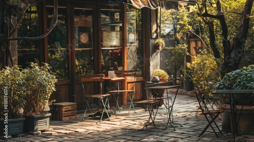 Fototapeta Naklejka Na Ścianę i Meble -  A quaint cafe' with outdoor seating and a charming rustic interior, captured in a warm, inviting atmosphere