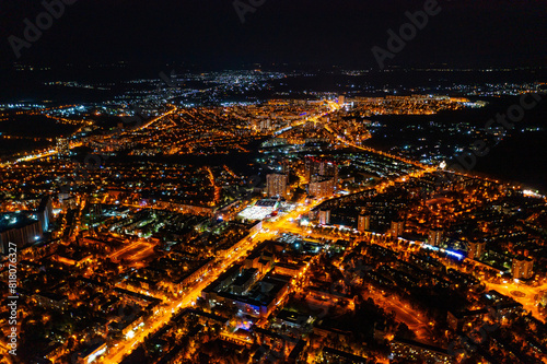 Aerial view of night streets and squares of Barcelona, Spain