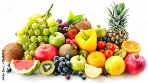 A variety of fruits are arranged together on a white background.