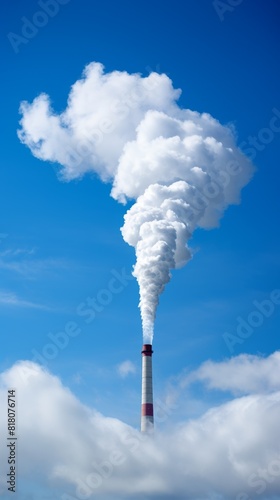 The photo shows a factory chimney emitting white smoke into the blue sky. The smoke is billowing out of the chimney and creating a large cloud. photo