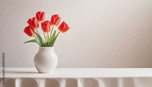 Vibrant red tulips in a white vase on table, freshness and elegance, home decor, springtime, and natural beauty.