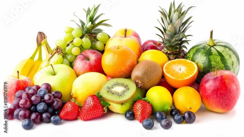 A variety of fruits are arranged in a pile.