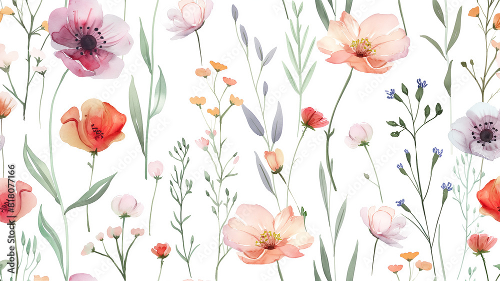 ilustracion estilo acuarelas sobre flores del campo fondo blanco