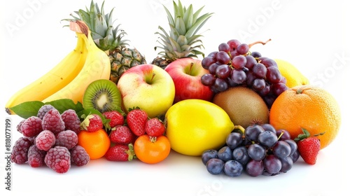 A variety of fruits including apples  bananas  grapes  pineapple  kiwi  raspberries  blueberries  and oranges.