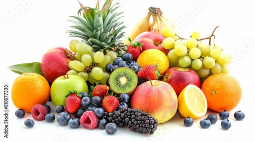 A variety of fruits including apples  grapes  bananas  pineapple  kiwi  strawberries  blueberries  raspberries  and blackberries.