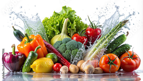 A variety of vibrant vegetables  freshly washed and splashing with water against a clean white background.