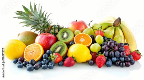 A variety of fruits including apples  bananas  grapes  pineapple  kiwi  blueberries  strawberries  and oranges.