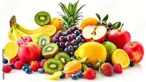 A variety of fruits are arranged together on a white background.