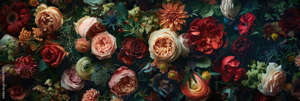 A vast wall covered with assorted flowers in full bloom, thriving in a dimly lit room, creating a striking contrast of color and darkness A vast wall covered with assorted flowers in full bloom, thriving in a dimly lit room, creating a striking contrast of color and darkness