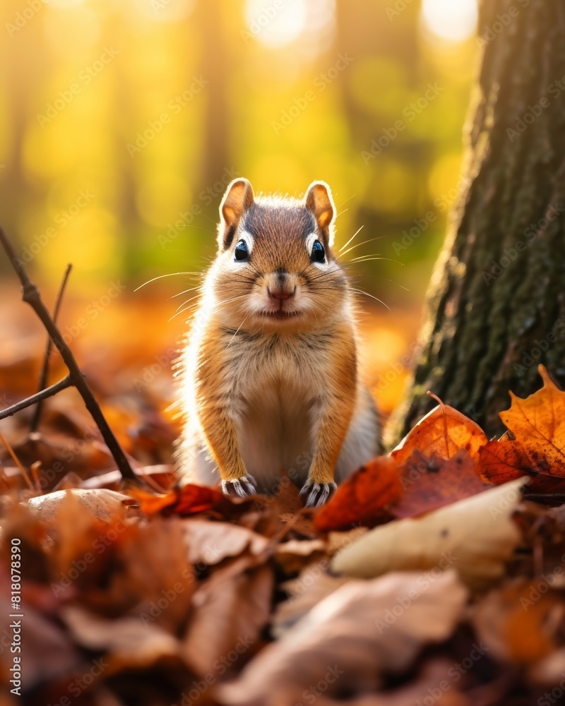 Cute chipmunk standing on the ground covered with fallen leaves in the autumn forest. Cute chipmunk standing on the ground covered with fallen leaves in the autumn forest.