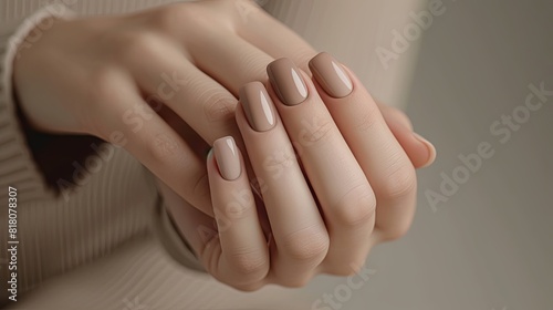 Woman hands against a neutral backdrop  with her nails adorned in a flawless manicure featuring subtle shades of cream and blush