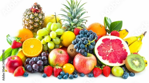 A variety of fruits are arranged in a pile including apples  grapes  pineapple  bananas  and strawberries.